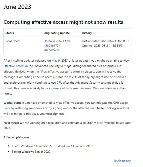 微軟承認 KB5026372 會導致 Windows 11 文件資源管理器 CPU 占用率異常，臨時解決方法是重啟